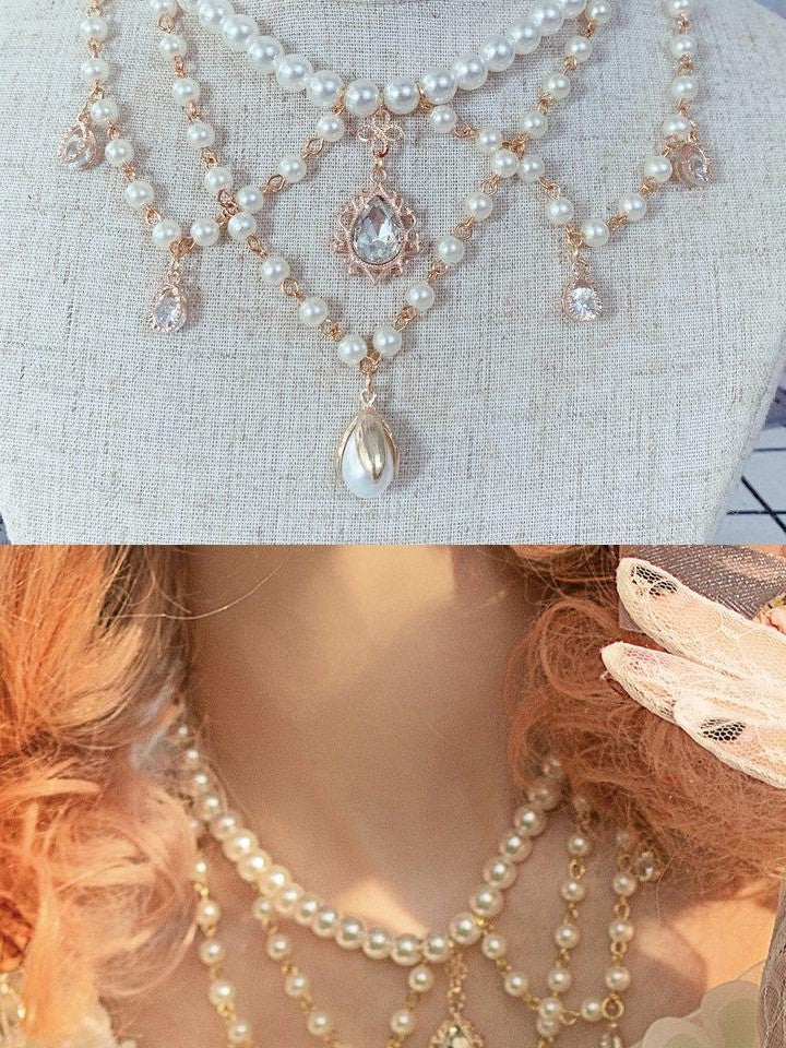 Cat little fairy Light Green Veiled Handmade Lolita Bonnet Women's Pearl Necklace Accessories