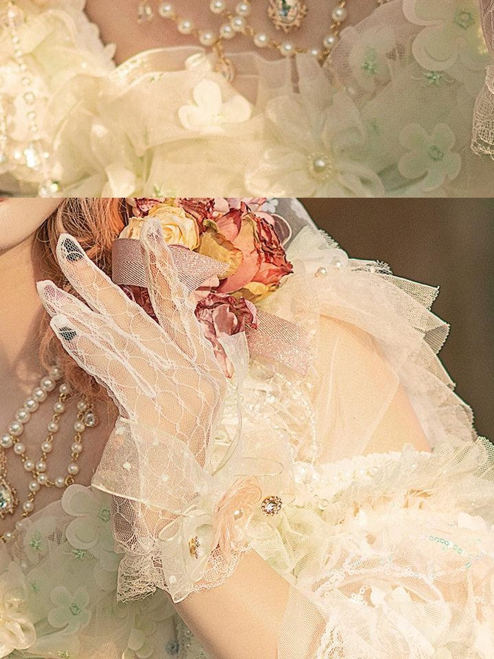 Cat little fairy Light Green Veiled Handmade Lolita Bonnet Women's Pearl Necklace Accessories