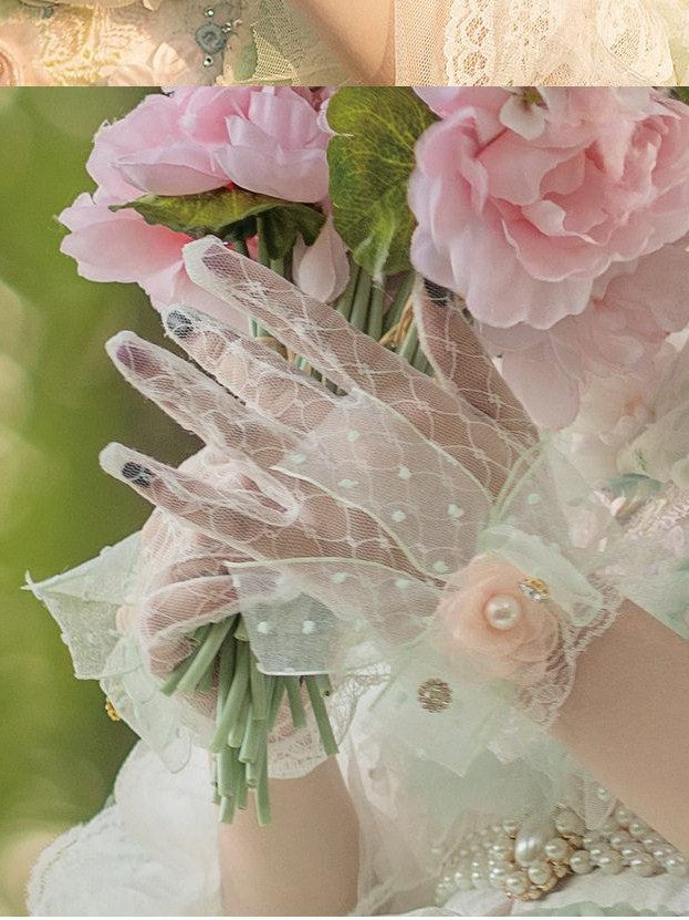 Cat little fairy Light Green Veiled Handmade Lolita Bonnet Women's Pearl Necklace Accessories