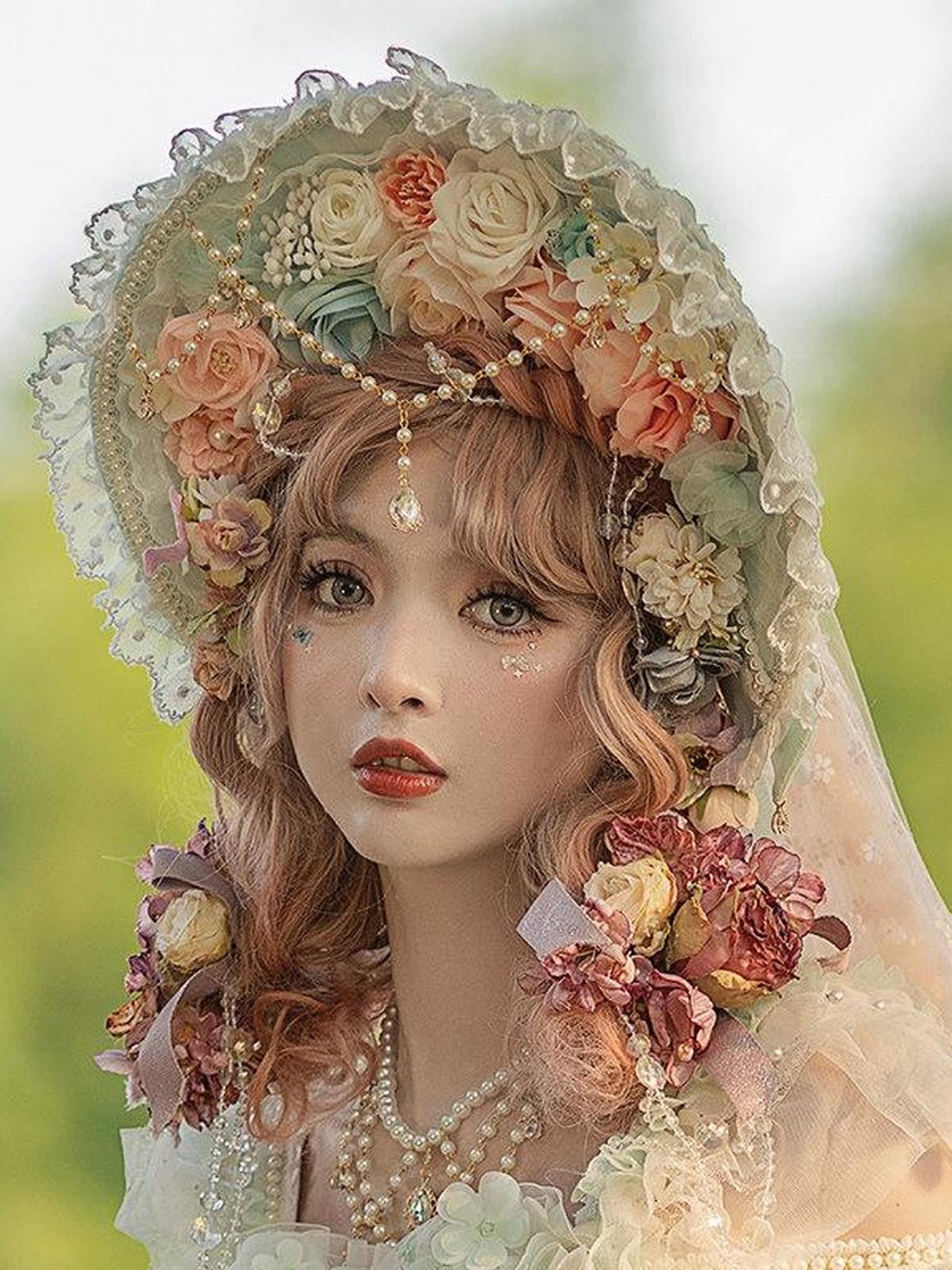 Cat little fairy Light Green Veiled Handmade Lolita Bonnet Women's Pearl Necklace Accessories