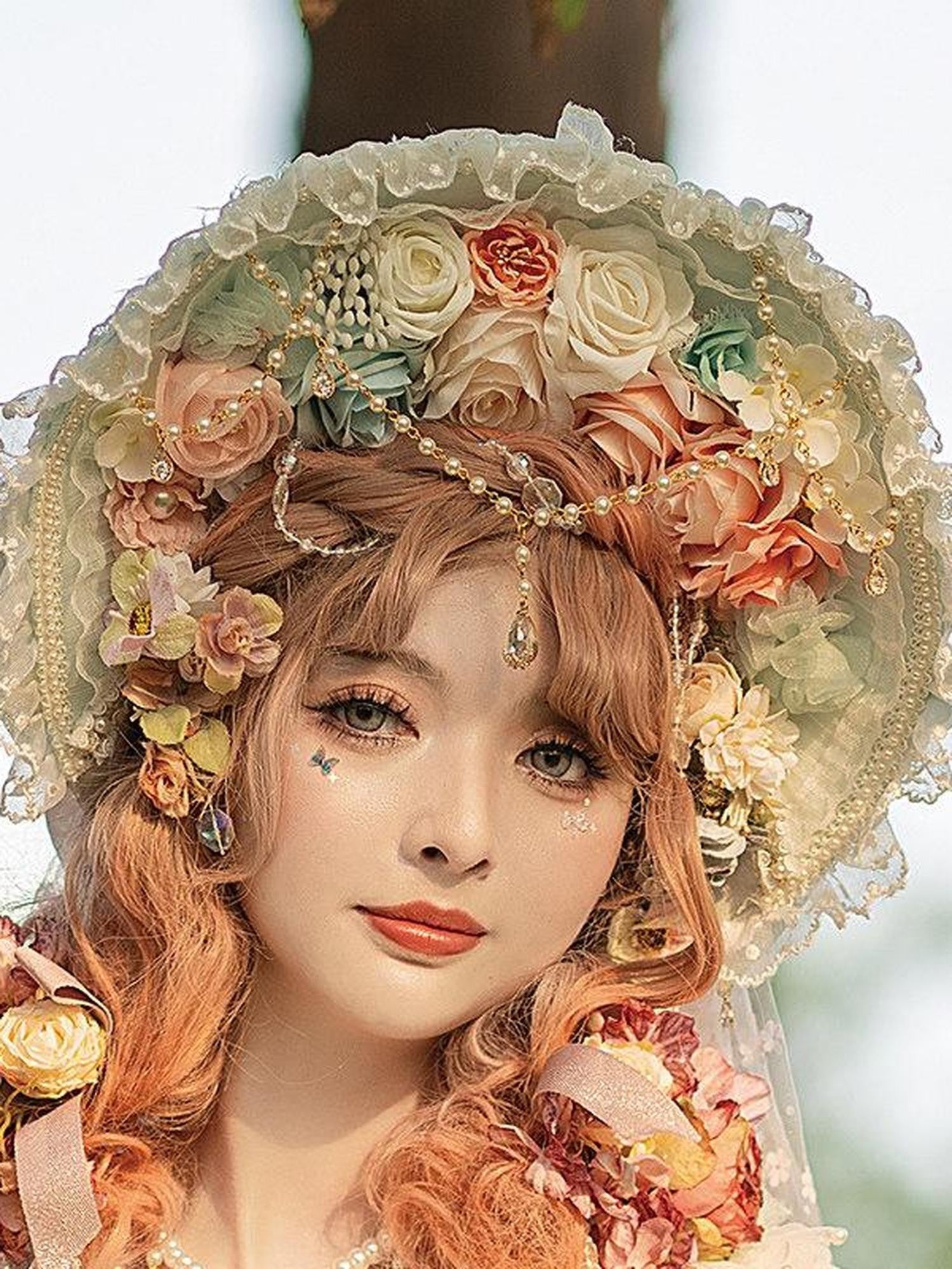 Cat little fairy Light Green Veiled Handmade Lolita Bonnet Women's Pearl Necklace Accessories