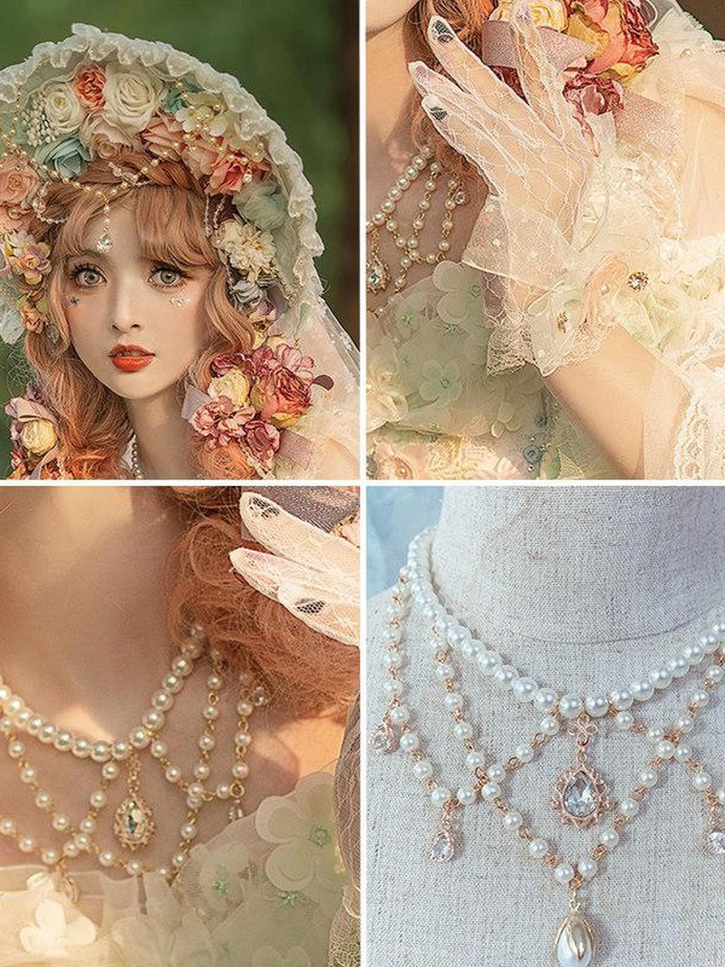 Cat little fairy Light Green Veiled Handmade Lolita Bonnet Women's Pearl Necklace Accessories