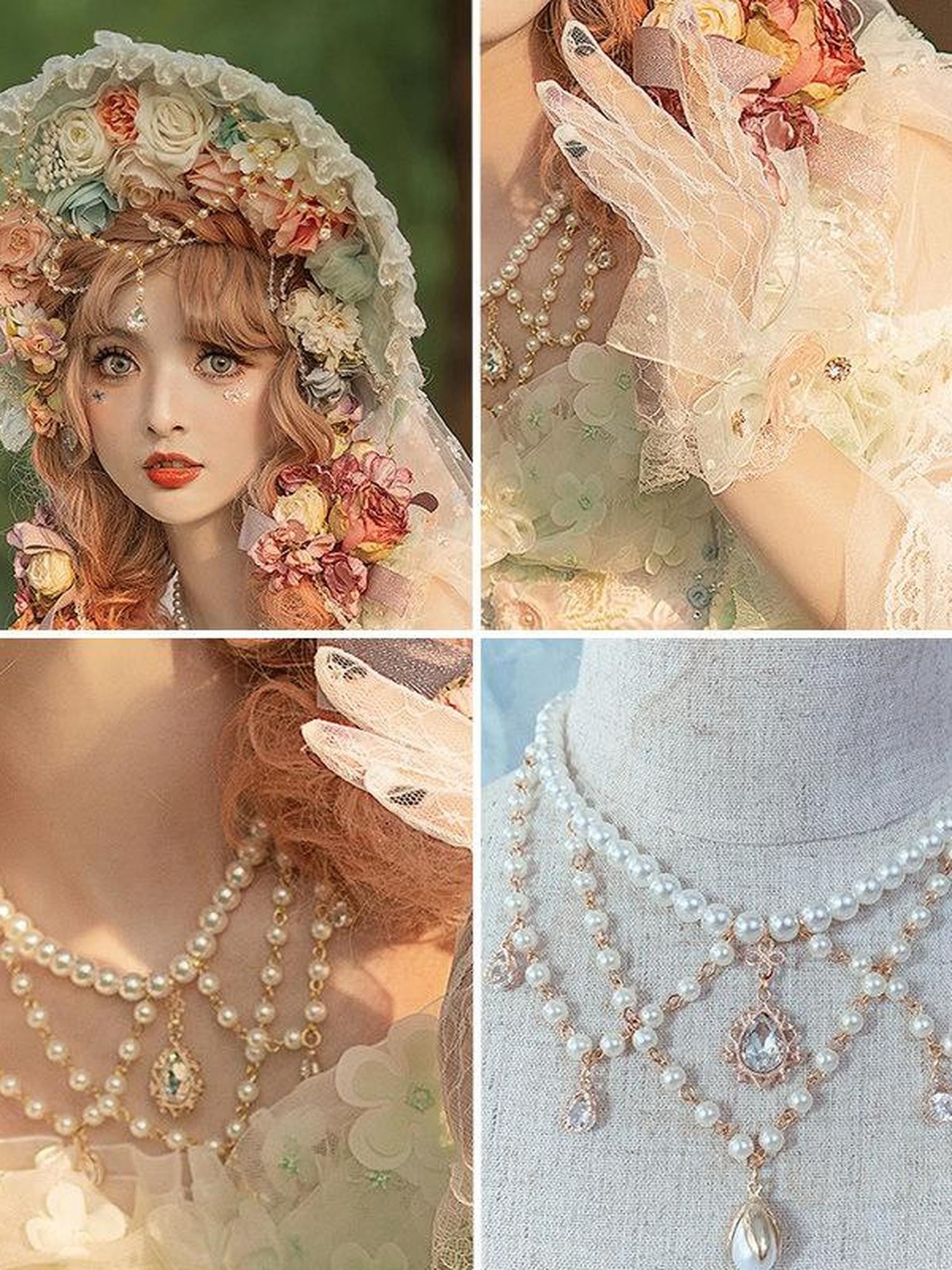Cat little fairy Light Green Veiled Handmade Lolita Bonnet Women's Pearl Necklace Accessories