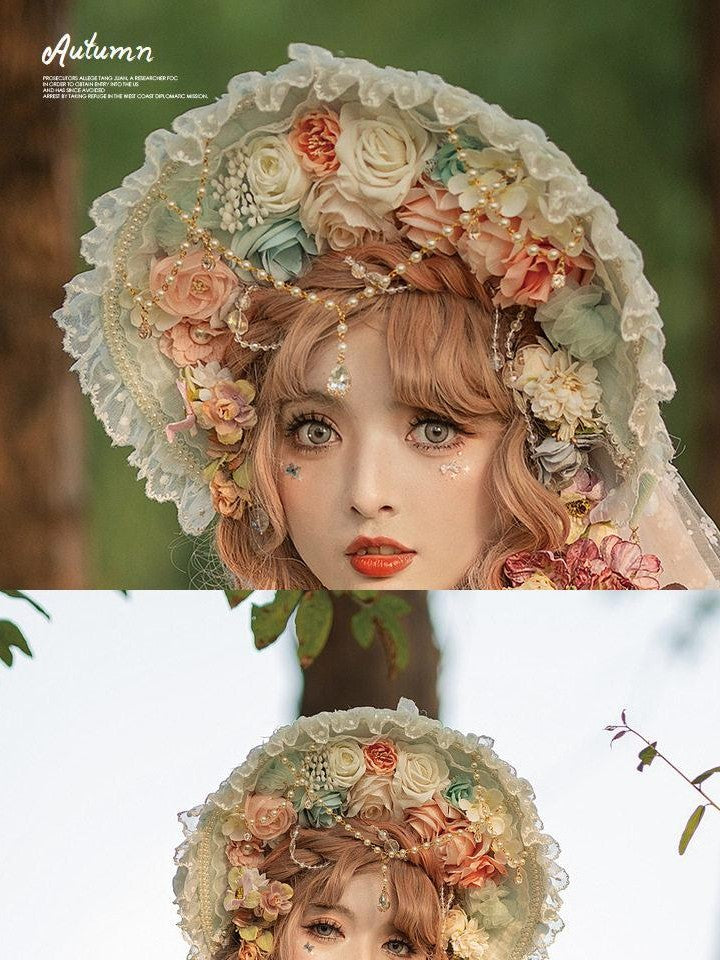 Cat little fairy Light Green Veiled Handmade Lolita Bonnet Women's Pearl Necklace Accessories