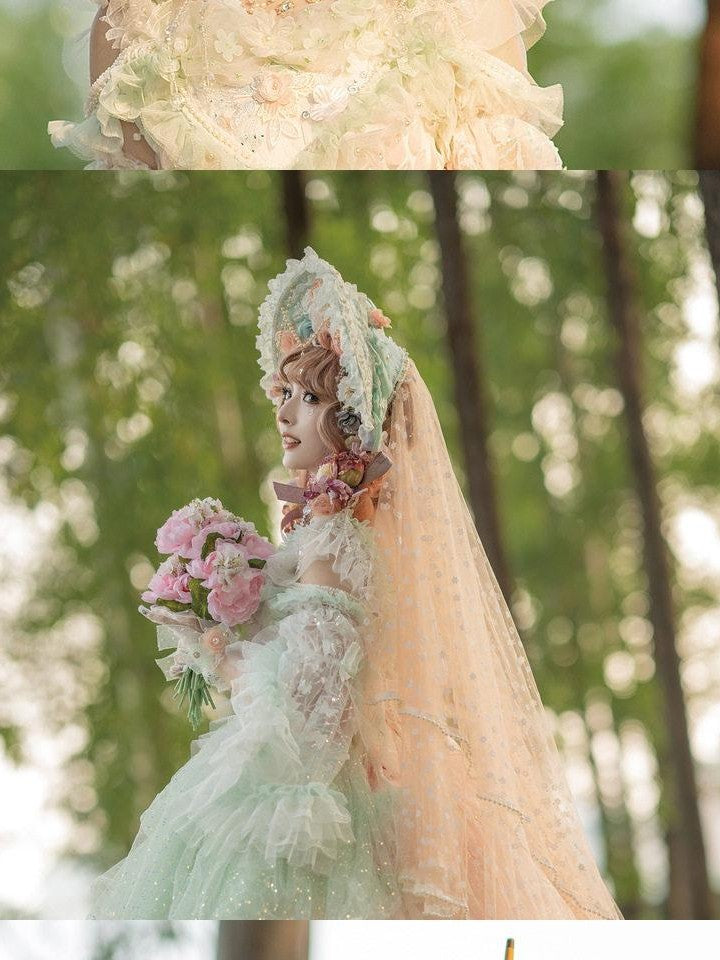 Cat little fairy Light Green Veiled Handmade Lolita Bonnet Women's Pearl Necklace Accessories