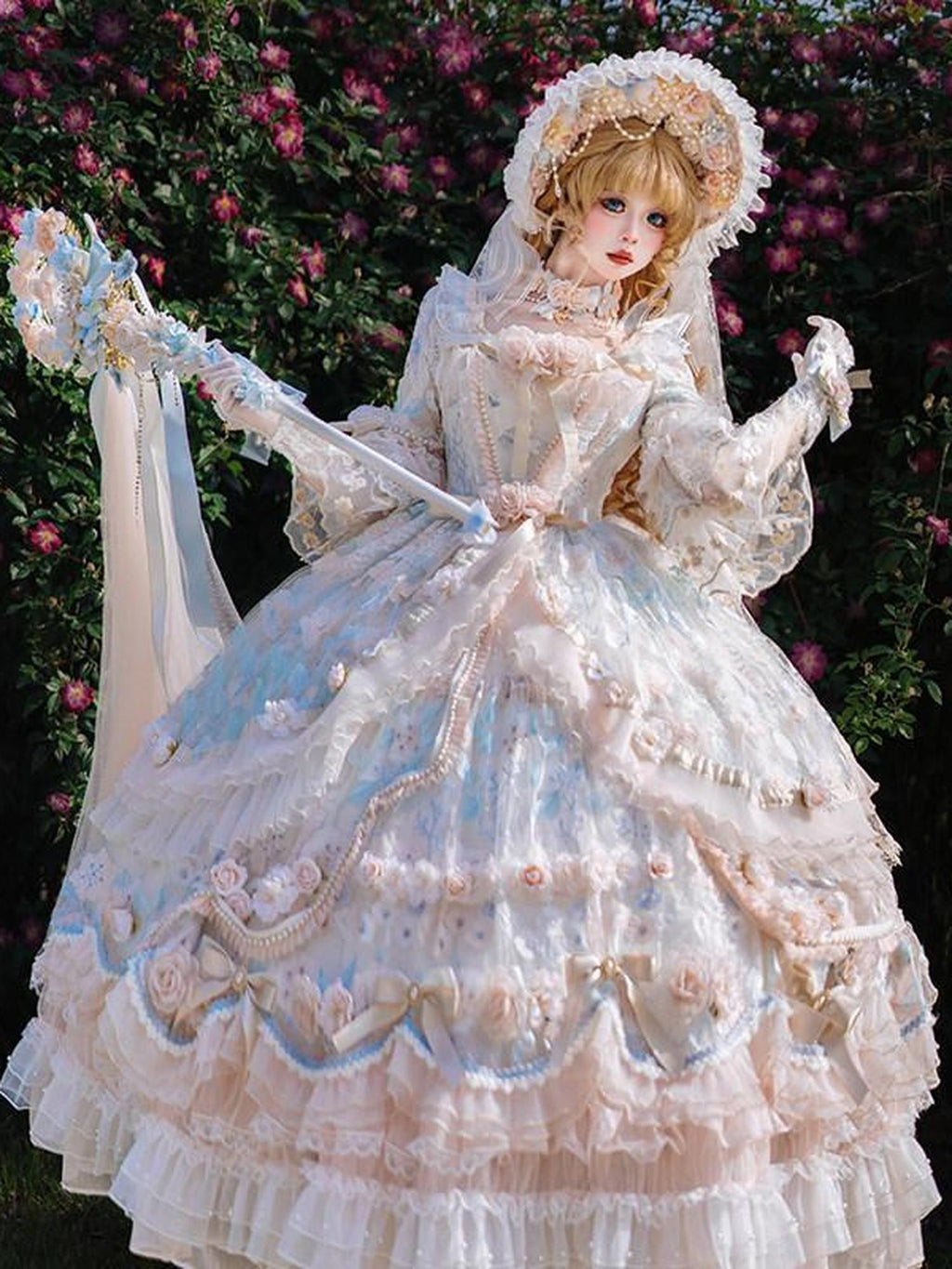 Cat little fairy Lolita Rose Print Tea Party Princess Long Length Women's Long Sleeve Op