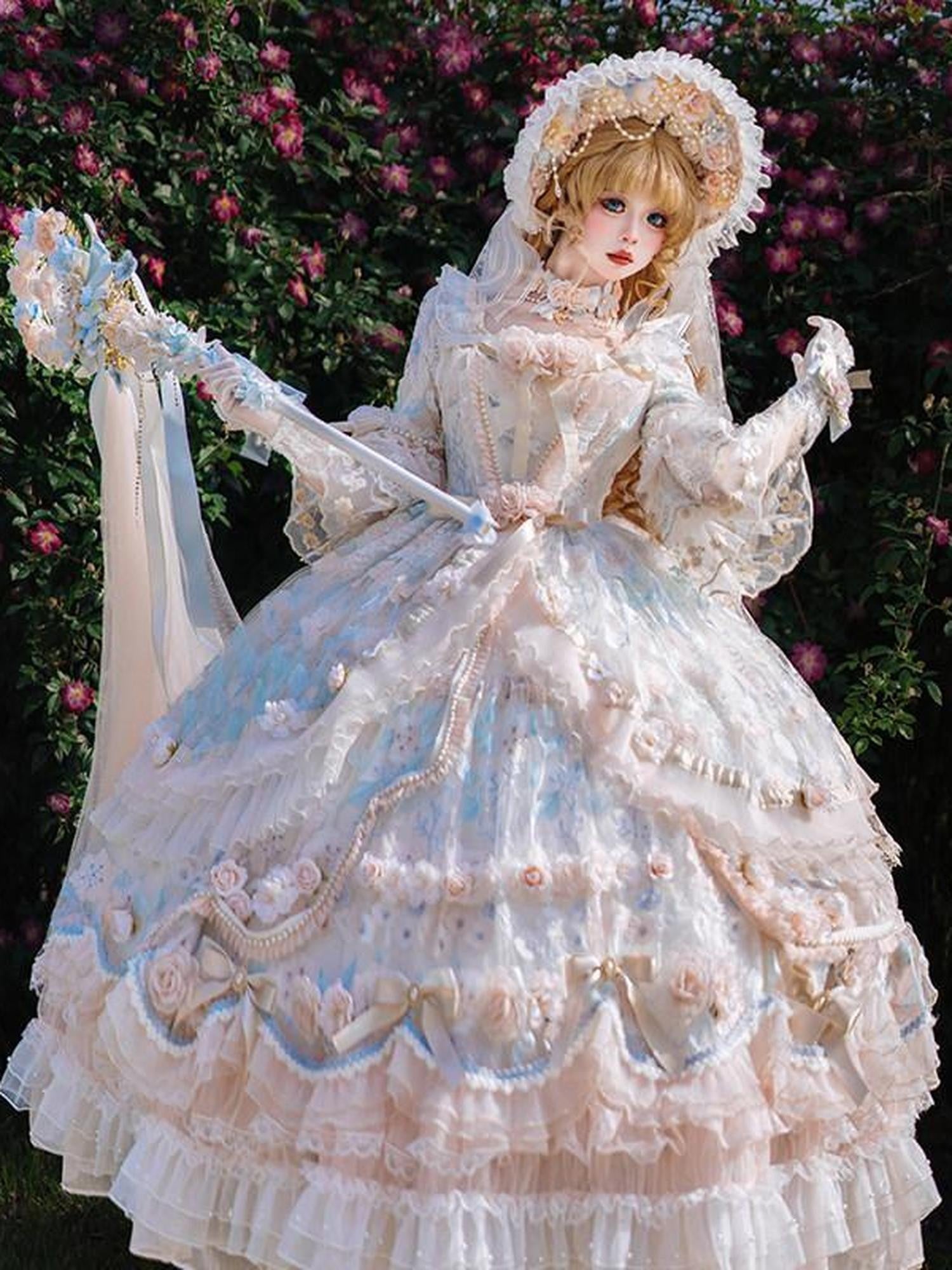 Cat little fairy Lolita Rose Print Tea Party Princess Long Length Women's Long Sleeve Op