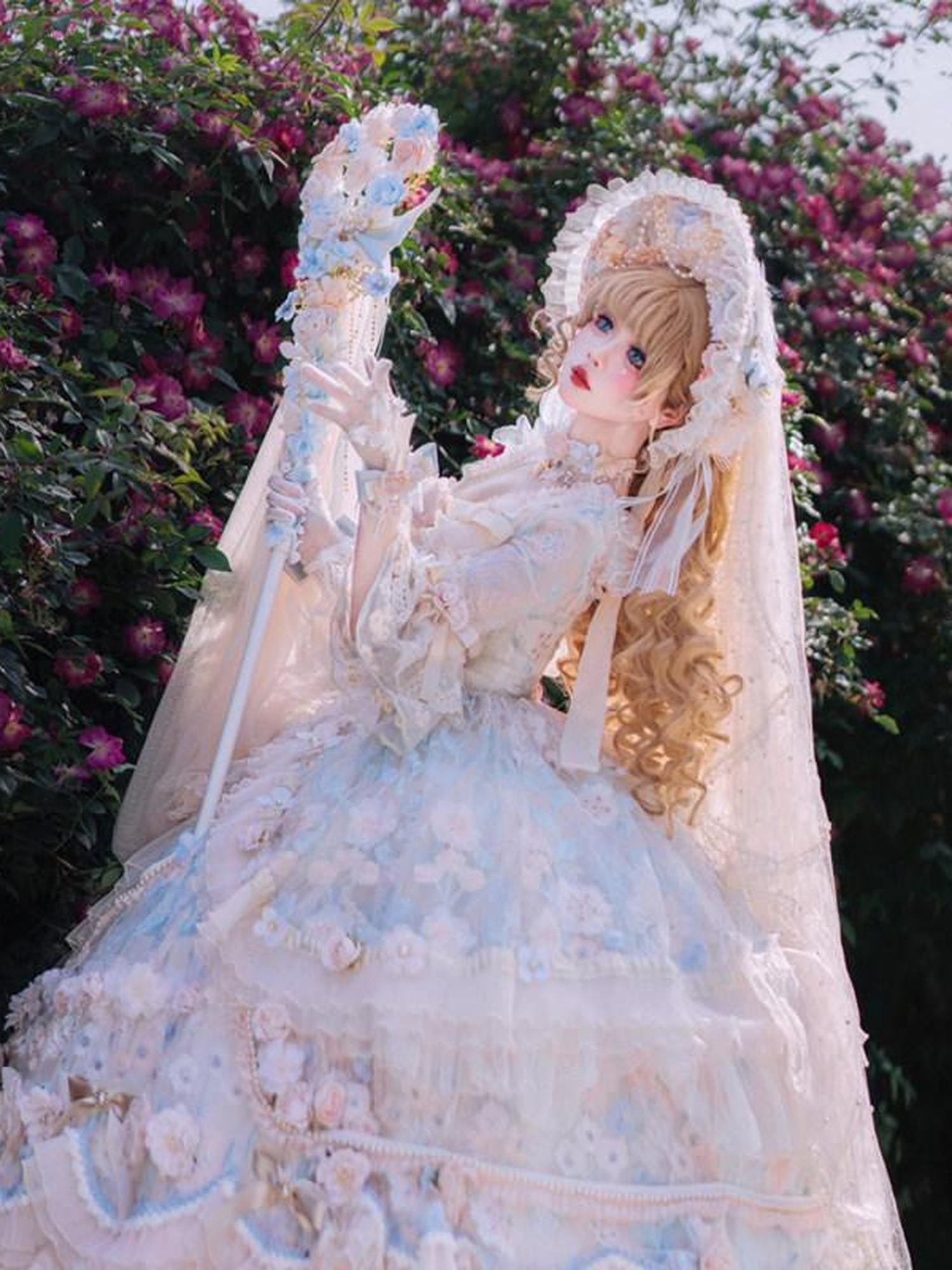 Cat little fairy Lolita Rose Print Tea Party Princess Long Length Women's Long Sleeve Op