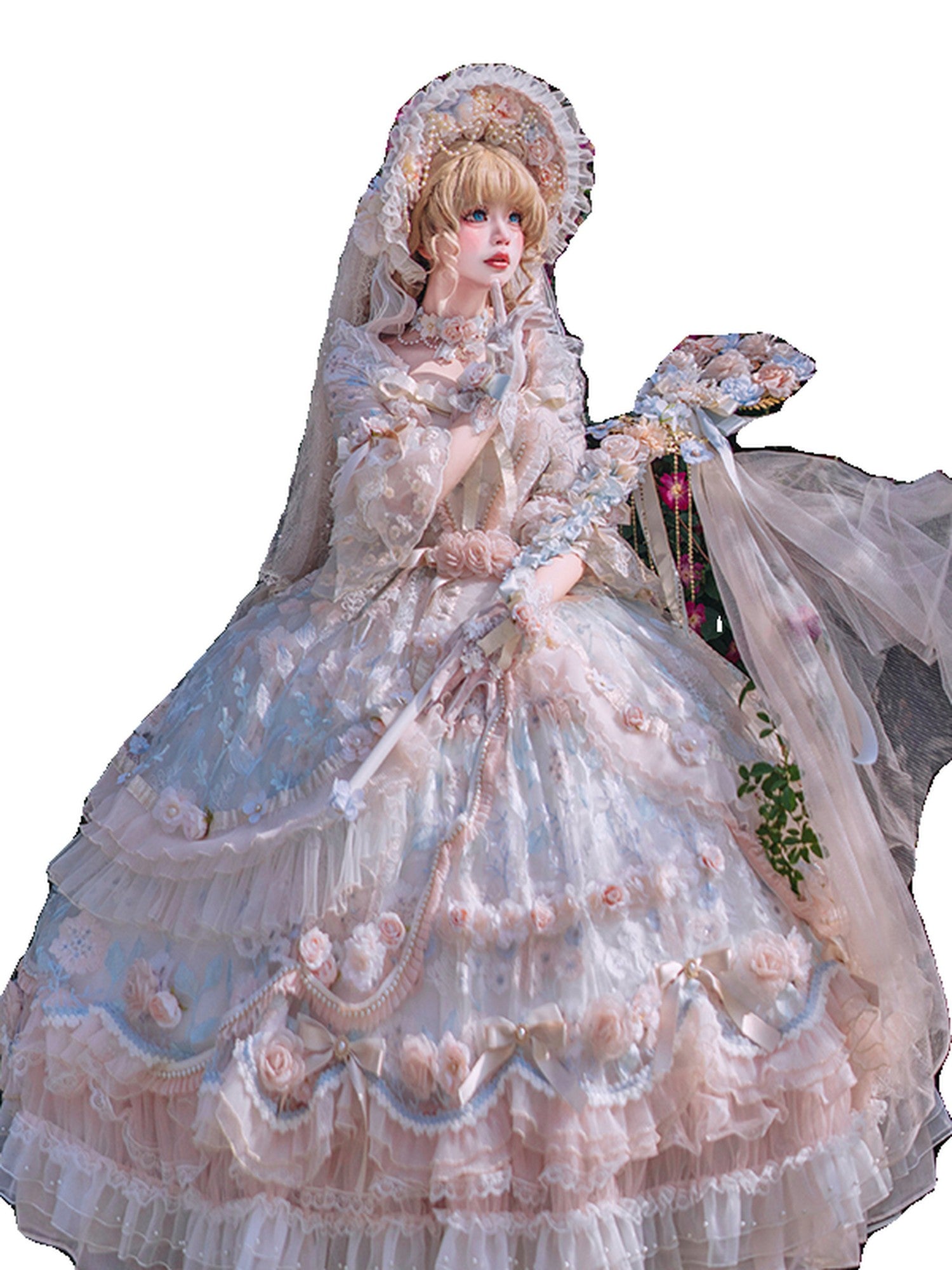 Cat little fairy Lolita Rose Print Tea Party Princess Long Length Women's Long Sleeve Op