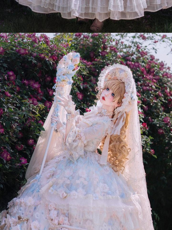 Cat little fairy Lolita Rose Print Tea Party Princess Long Length Women's Long Sleeve Op