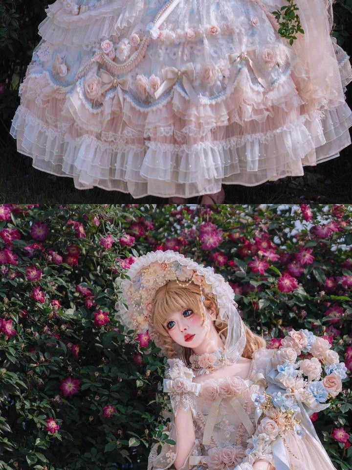 Cat little fairy Lolita Rose Print Tea Party Princess Long Length Women's Long Sleeve Op