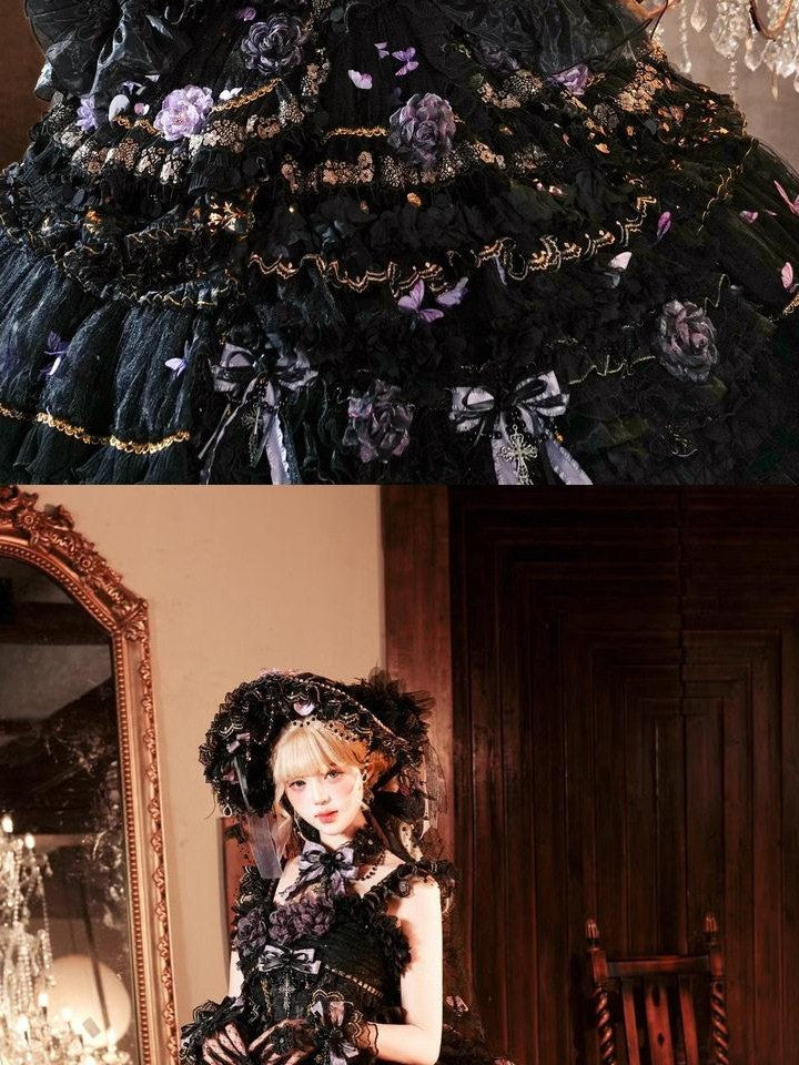 Cat little fairy Moonlit Butterfly Floral A Line Lolita Women's Black Purple Jsk / Jumper Skirts