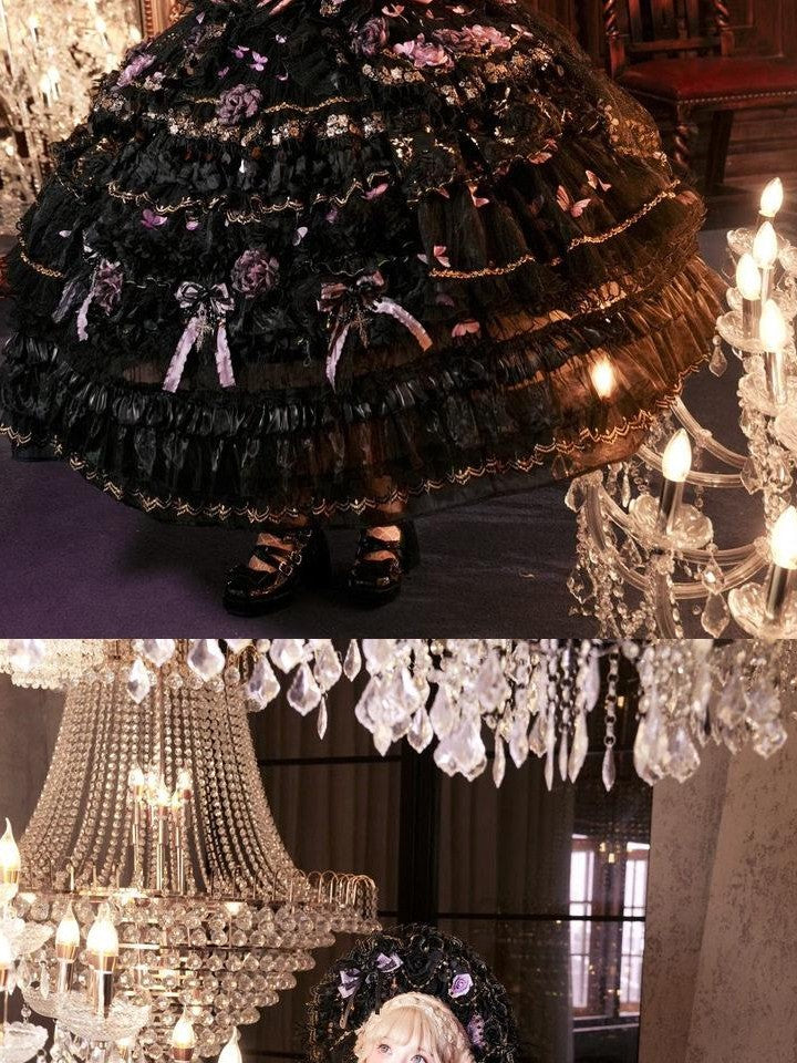 Cat little fairy Moonlit Butterfly Floral A Line Lolita Women's Black Purple Jsk / Jumper Skirts