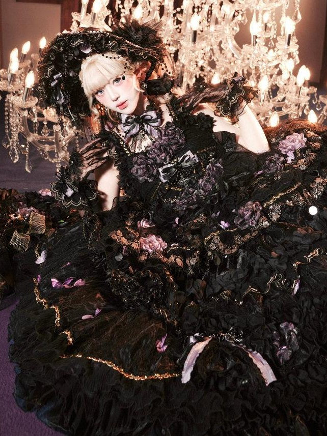 Cat little fairy Moonlit Butterfly Floral A Line Lolita Women's Black Purple Jsk / Jumper Skirts