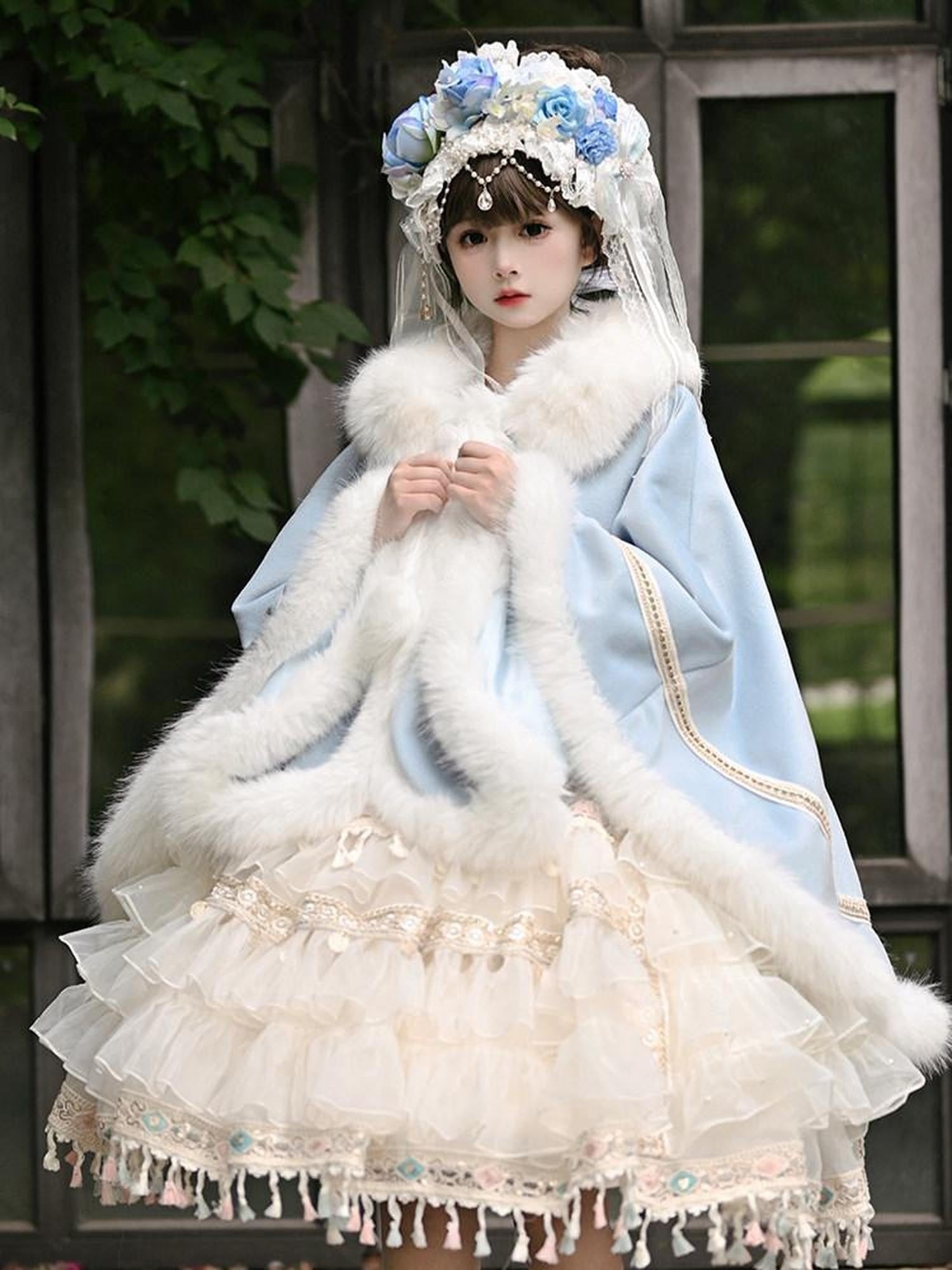 Cat little fairy Pastel Pink Lolita Fur Collar Women's Wool Blend Long Cloaks