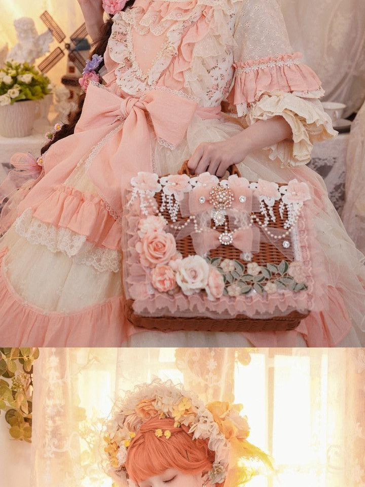 Cat little fairy Petal Pink Handwoven Vintage Bonnet Women's Rattan Accessories