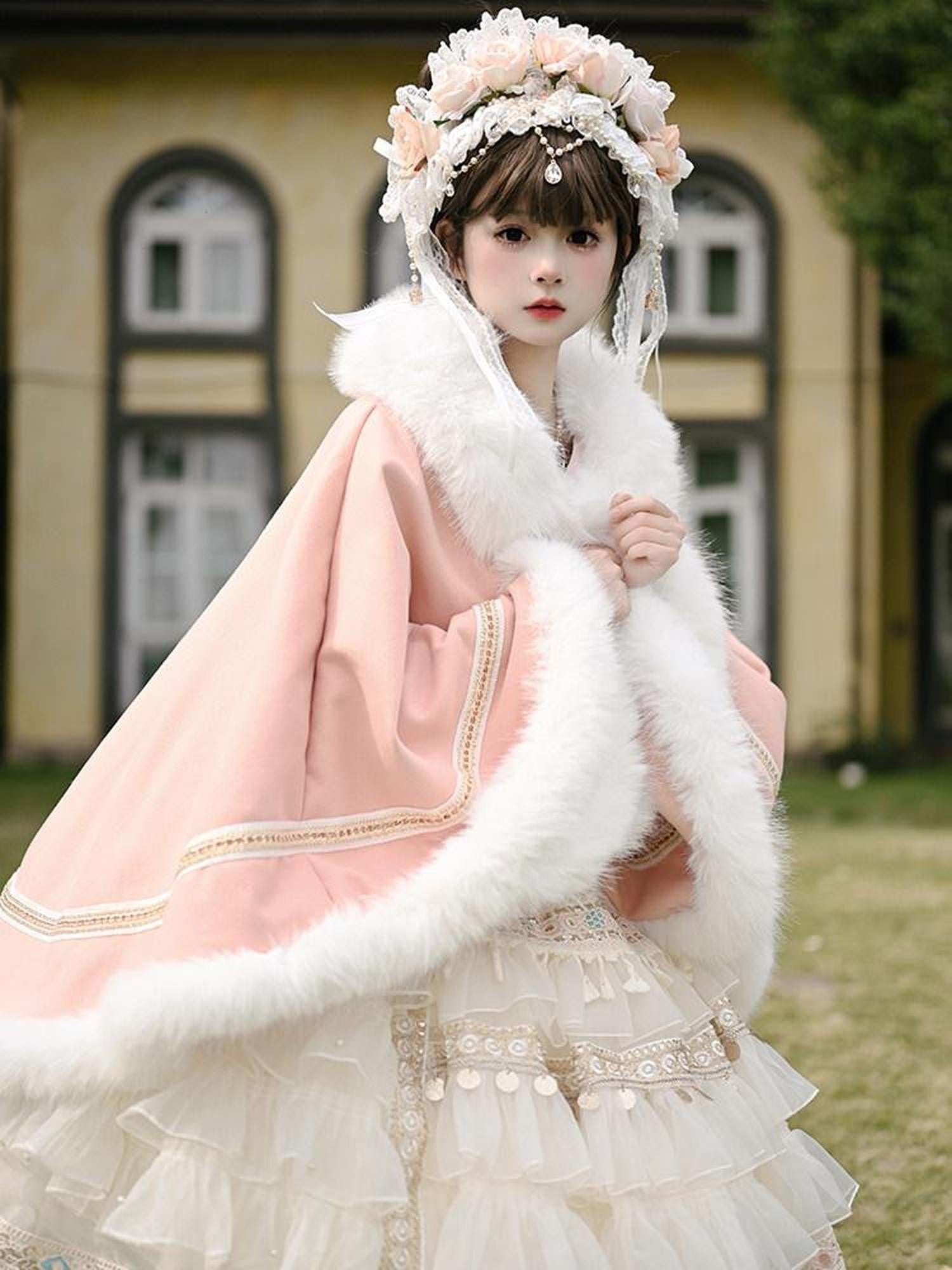 Cat little fairy Pink Lolita Fur Collar Cape Coat Shawl Single Layer Women's Long Cloaks