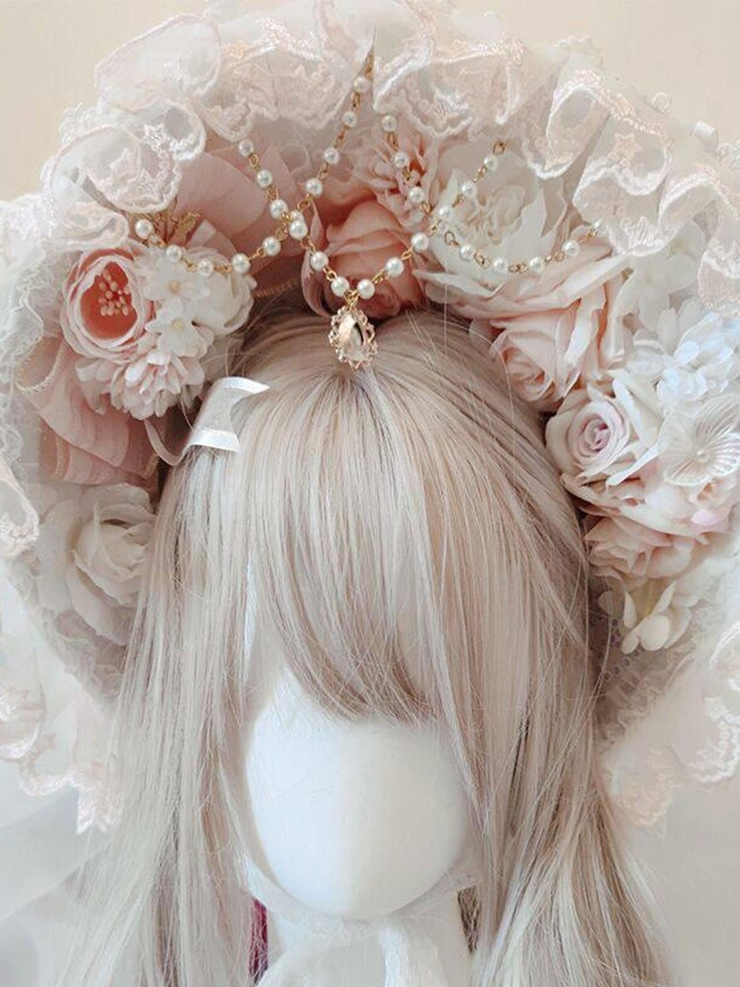 Cat little fairy Pink White Lace Flower Handmade Bridal Lolita Women's Lace Veil Accessories