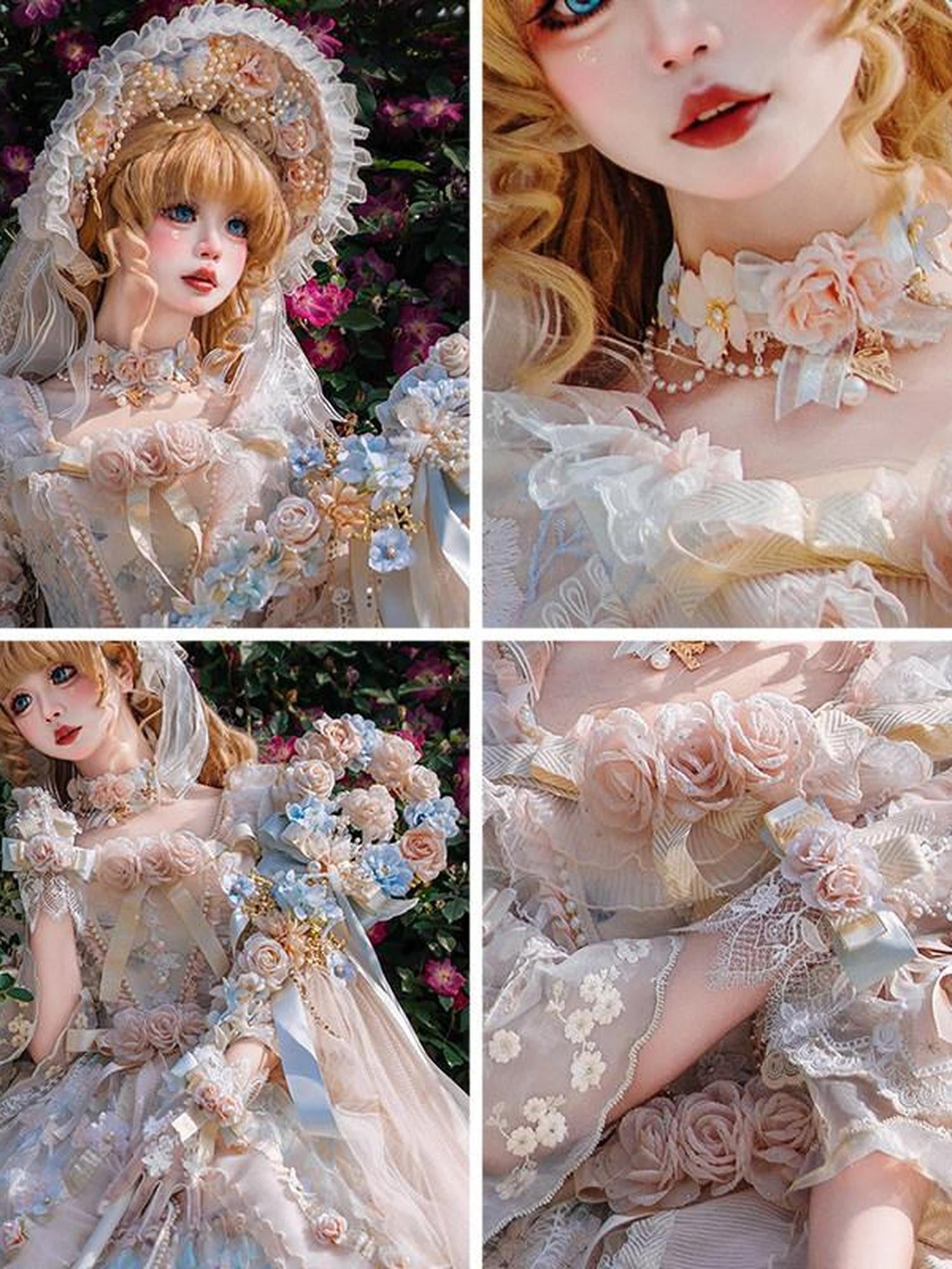 Cat little fairy Rose Floral Handmade Bridal Flat Hat Necklace Gloves Women's Accessories