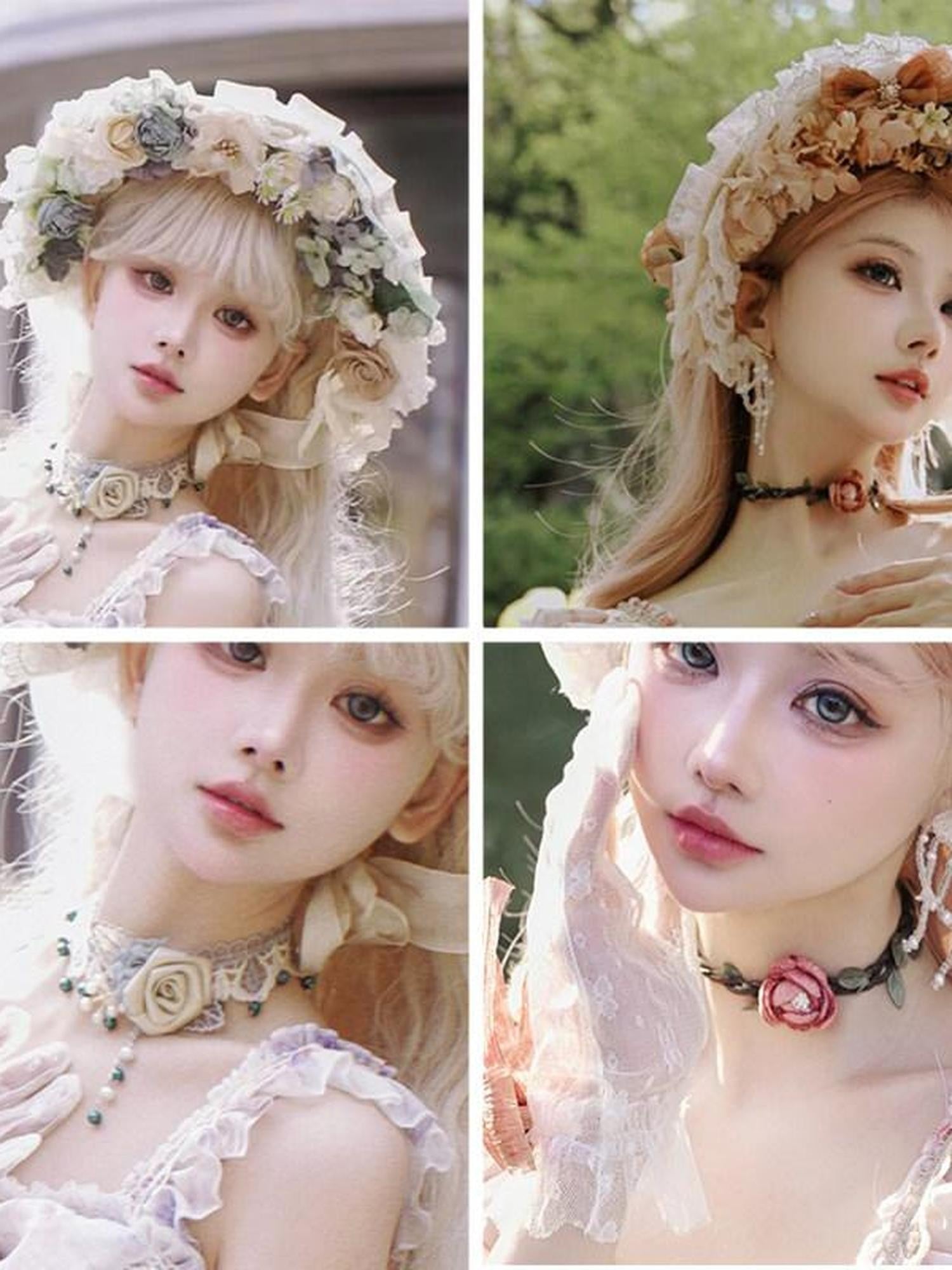 Cat little fairy Rose Floral Handmade Bridal Women's Beret Necklace Gloves Accessories