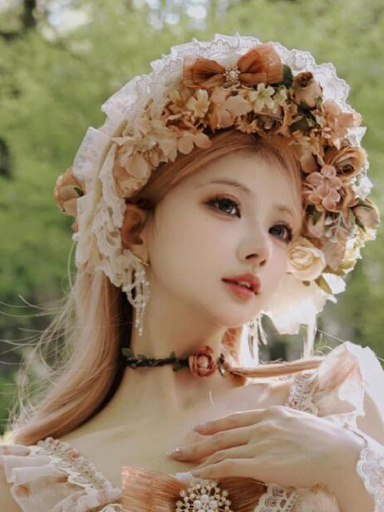 Cat little fairy Rose Floral Handmade Bridal Women's Beret Necklace Gloves Accessories