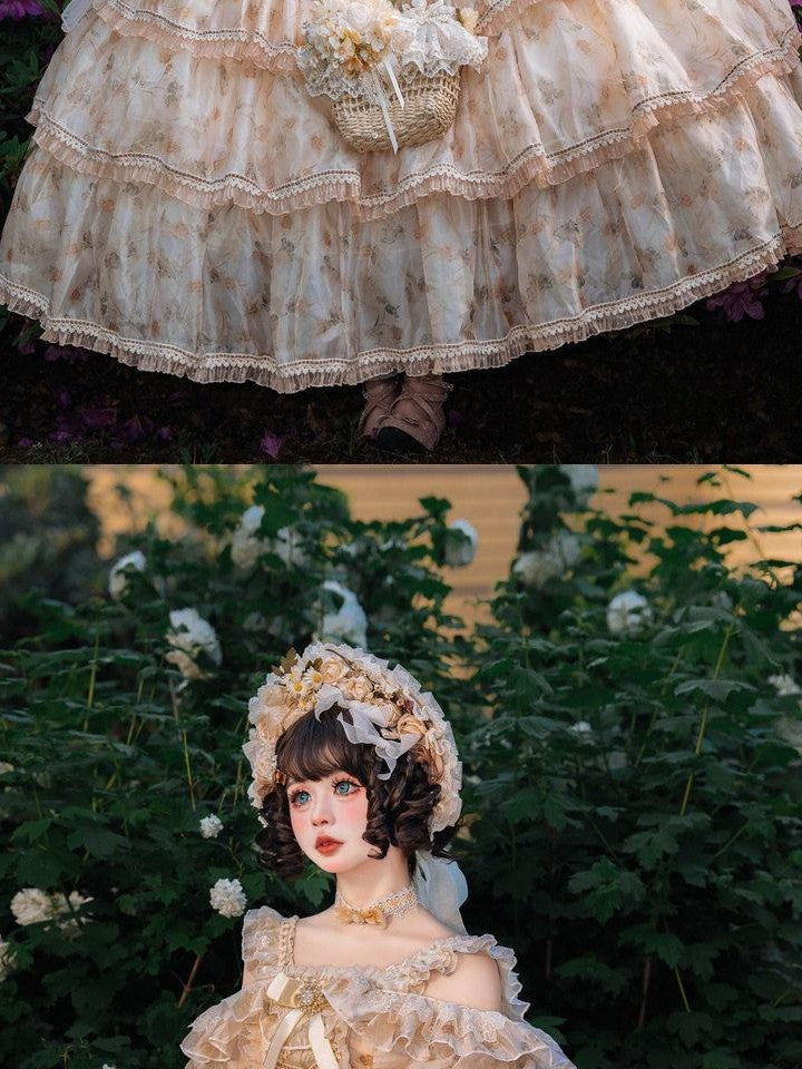 Cat little fairy Rose Letter Floral Lolita Flower Bride Women's Chiffon Jsk / Jumper Skirts