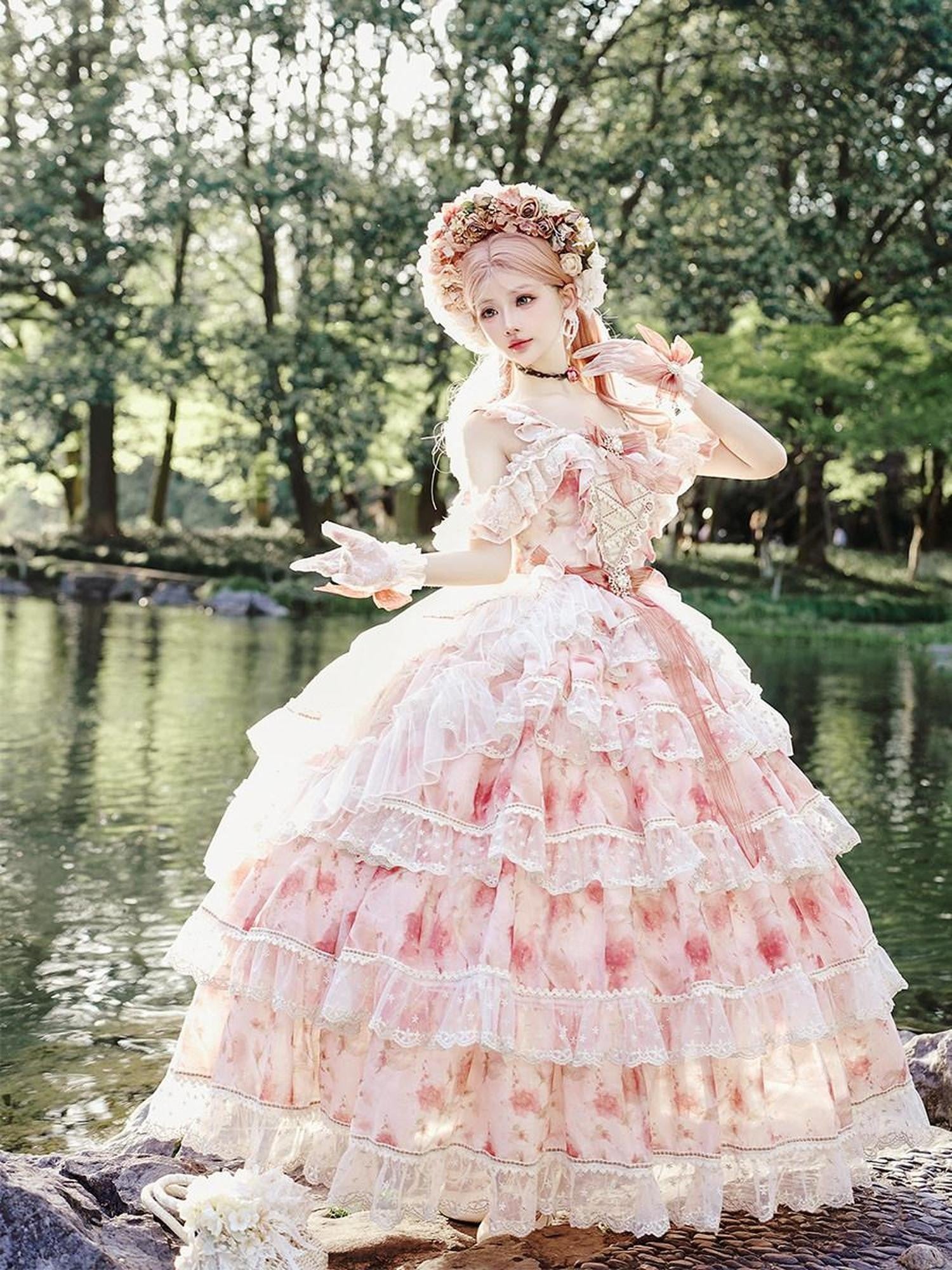 Cat little fairy Sunset Orange Rose Print Bridal Lolita Women's Chiffon Jsk / Jumper Skirts