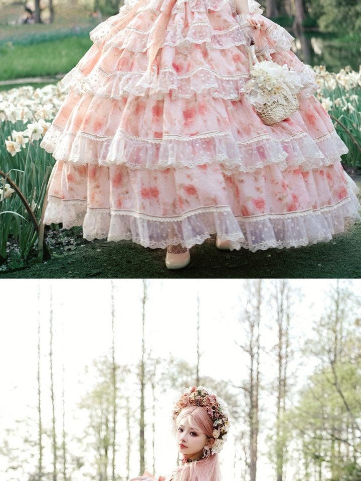 Cat little fairy Sunset Orange Rose Print Bridal Lolita Women's Chiffon Jsk / Jumper Skirts