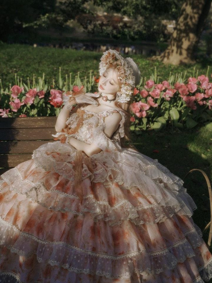 Cat little fairy Sunset Orange Rose Print Bridal Lolita Women's Chiffon Jsk / Jumper Skirts