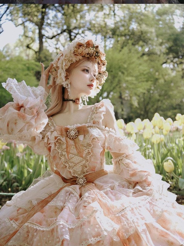 Cat little fairy Sunset Orange Rose Print Bridal Lolita Women's Chiffon Jsk / Jumper Skirts