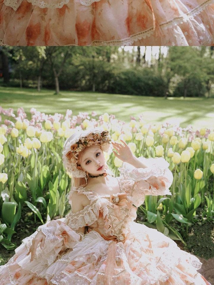 Cat little fairy Sunset Orange Rose Print Bridal Lolita Women's Chiffon Jsk / Jumper Skirts