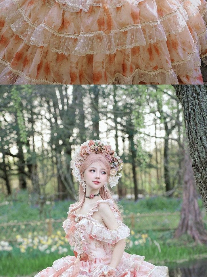 Cat little fairy Sunset Orange Rose Print Bridal Lolita Women's Chiffon Jsk / Jumper Skirts