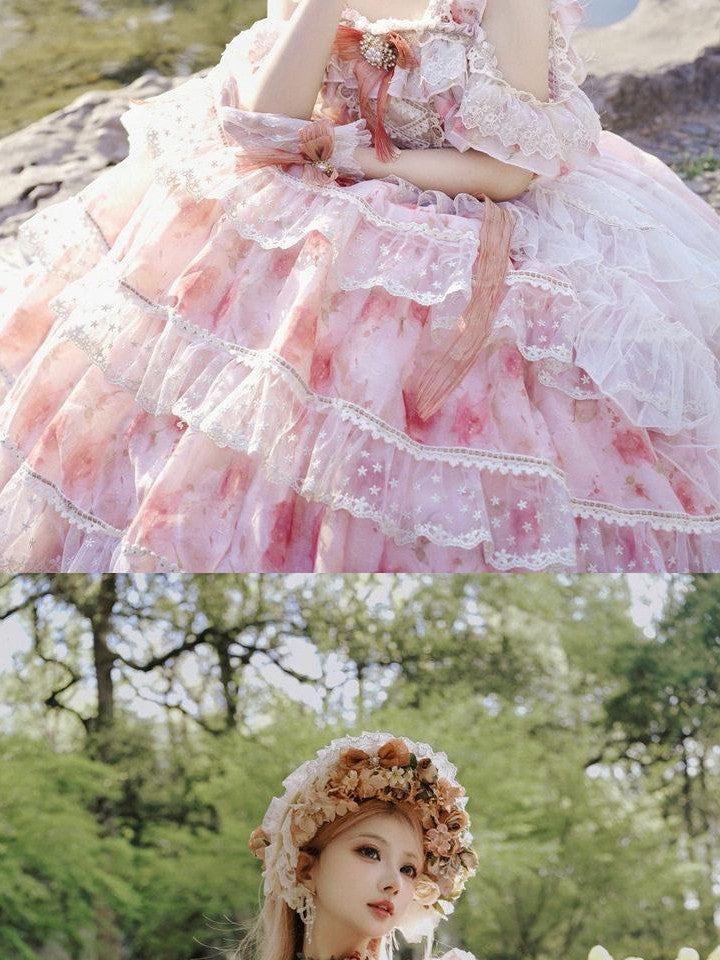 Cat little fairy Sunset Orange Rose Print Bridal Lolita Women's Chiffon Jsk / Jumper Skirts