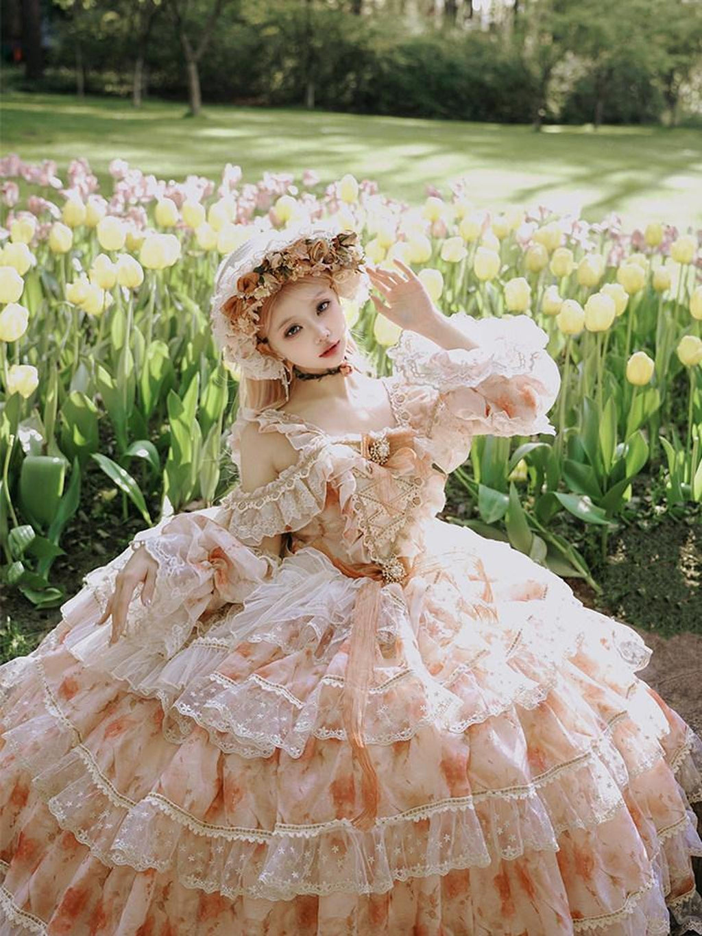 Cat little fairy Sunset Orange Rose Print Bridal Lolita Women's Chiffon Jsk / Jumper Skirts