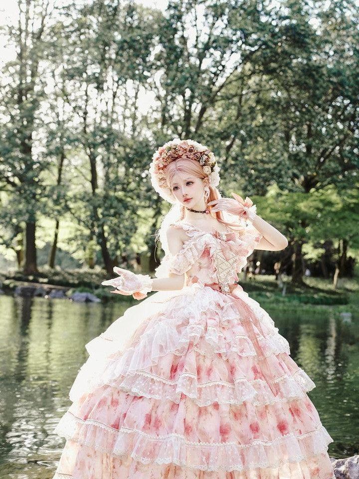 Cat little fairy Sunset Orange Rose Print Bridal Lolita Women's Chiffon Jsk / Jumper Skirts