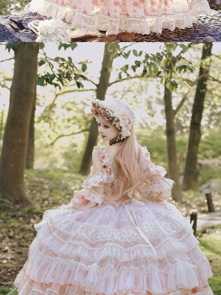 Cat little fairy Sunset Orange Rose Print Bridal Lolita Women's Chiffon Jsk / Jumper Skirts