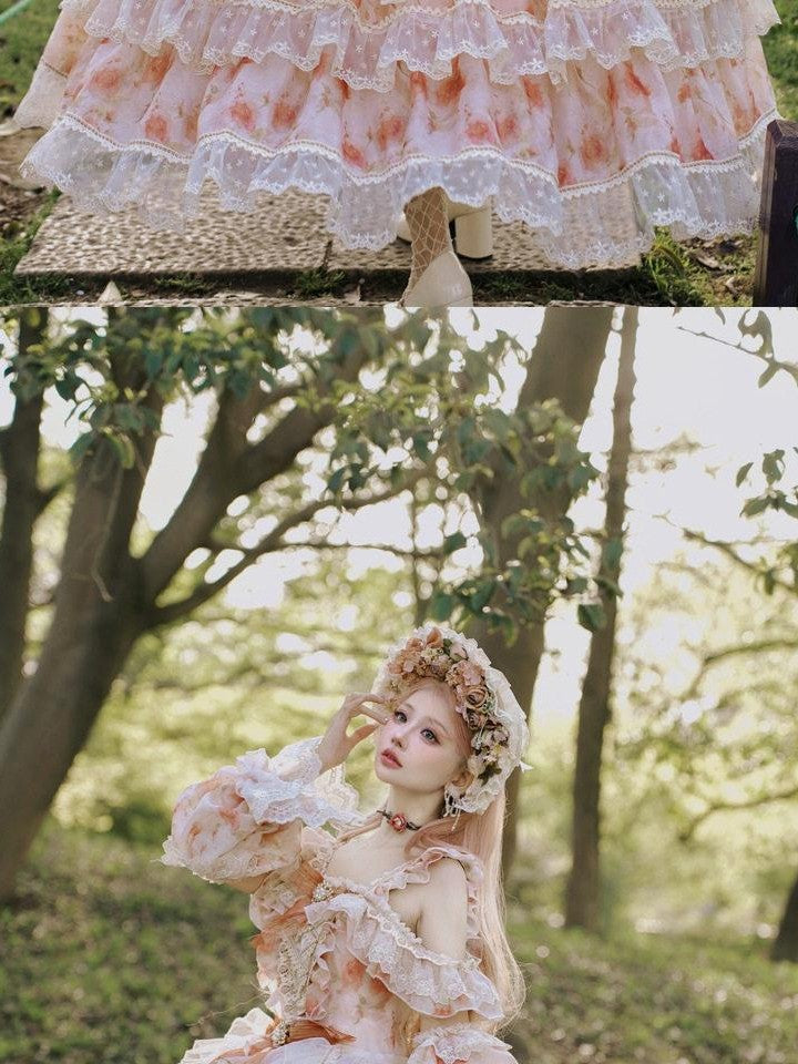 Cat little fairy Sunset Orange Rose Print Bridal Lolita Women's Chiffon Jsk / Jumper Skirts
