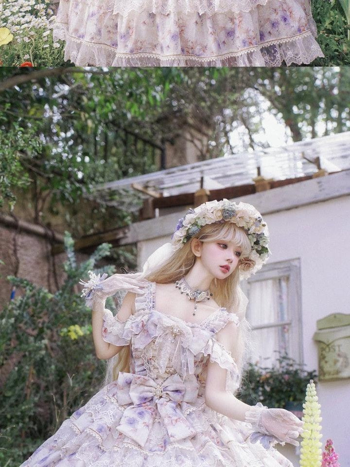 Cat little fairy Withered Leaf Blue Ornate Rose Princess Women's Chiffon Jsk / Jumper Skirts