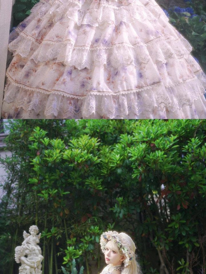 Cat little fairy Withered Leaf Blue Ornate Rose Princess Women's Chiffon Jsk / Jumper Skirts