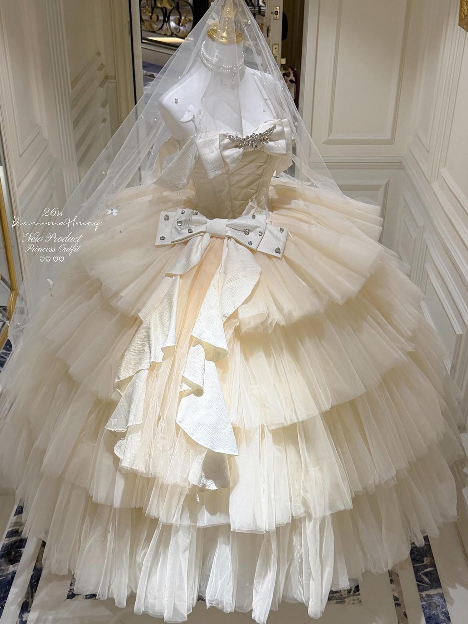 Diamond Sweetheart Apricot Lace Bow Veil Train Long Women's Tulle Jsk / Jumper Skirts