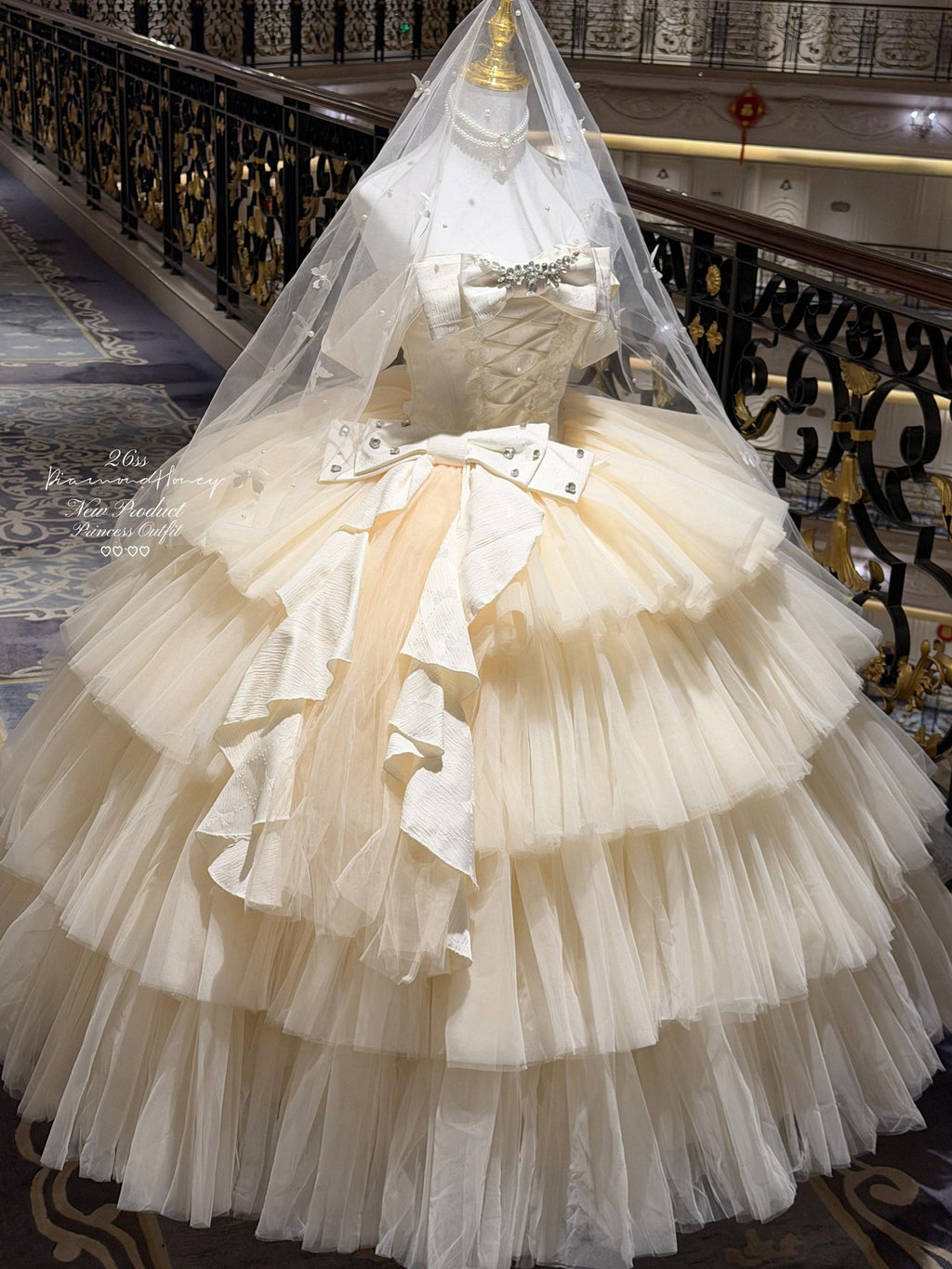 Diamond Sweetheart Apricot Lace Bow Veil Train Long Women's Tulle Jsk / Jumper Skirts