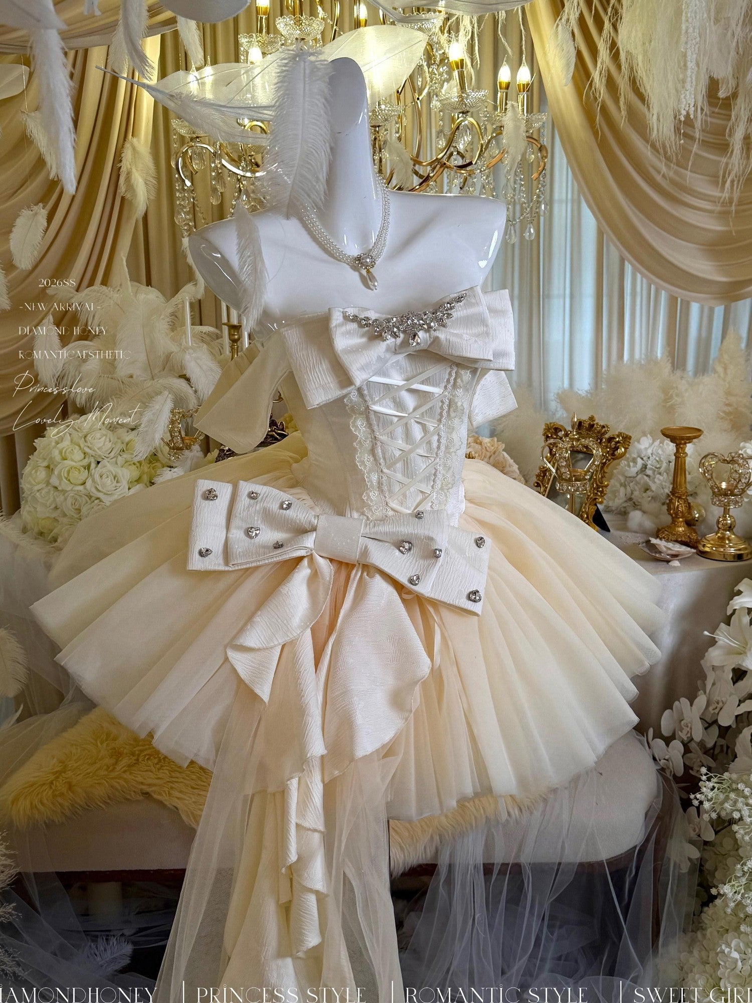 Diamond Sweetheart Apricot Lace Bow Veil Train Long Women's Tulle Jsk / Jumper Skirts