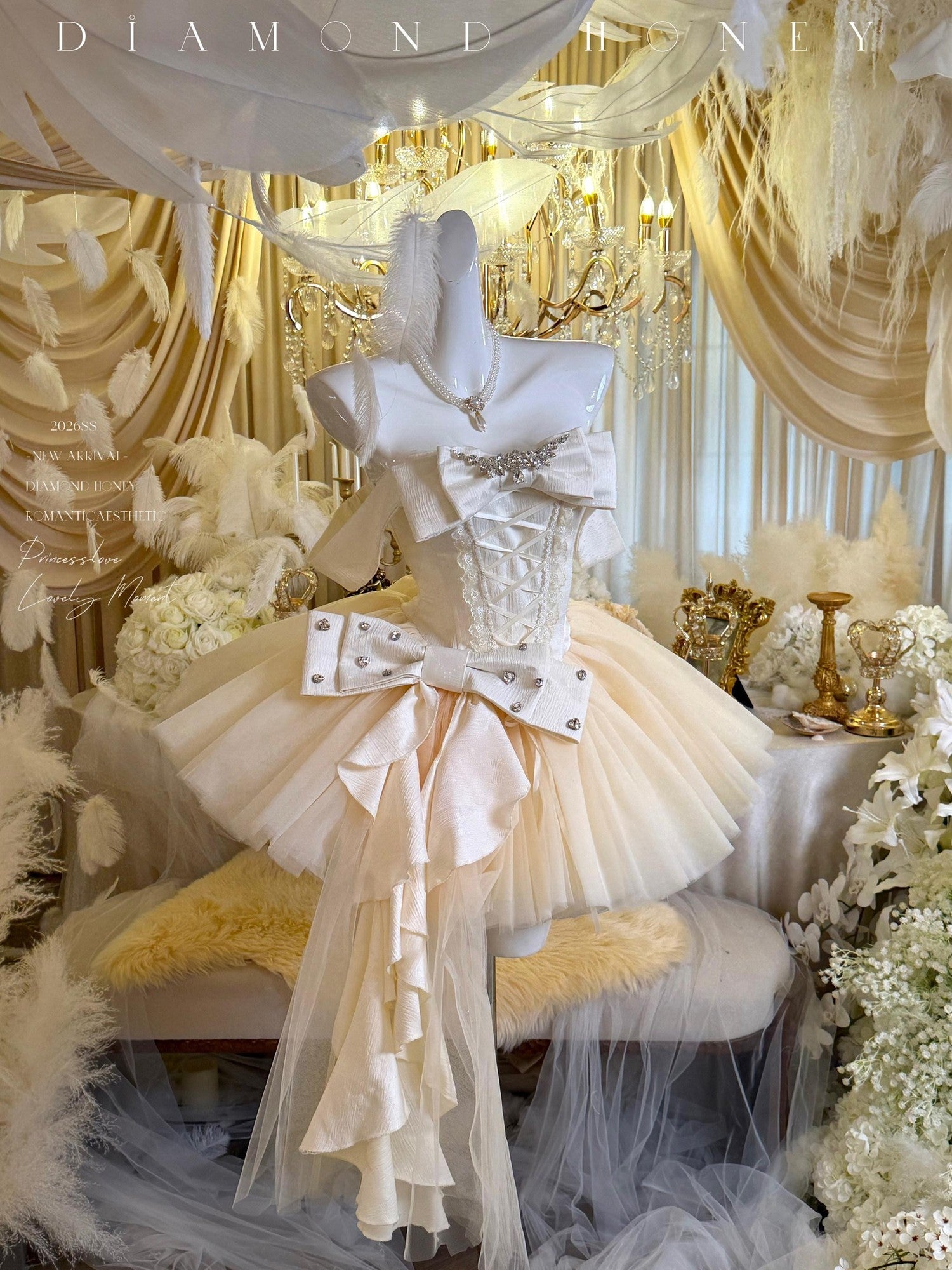 Diamond Sweetheart Apricot Lace Bow Veil Train Long Women's Tulle Jsk / Jumper Skirts