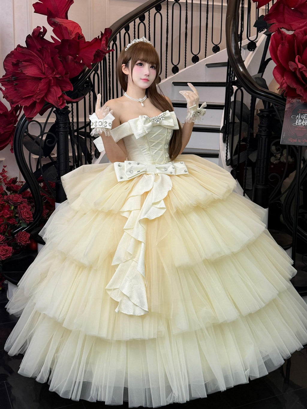 Diamond Sweetheart Apricot Lace Bow Veil Train Long Women's Tulle Jsk / Jumper Skirts