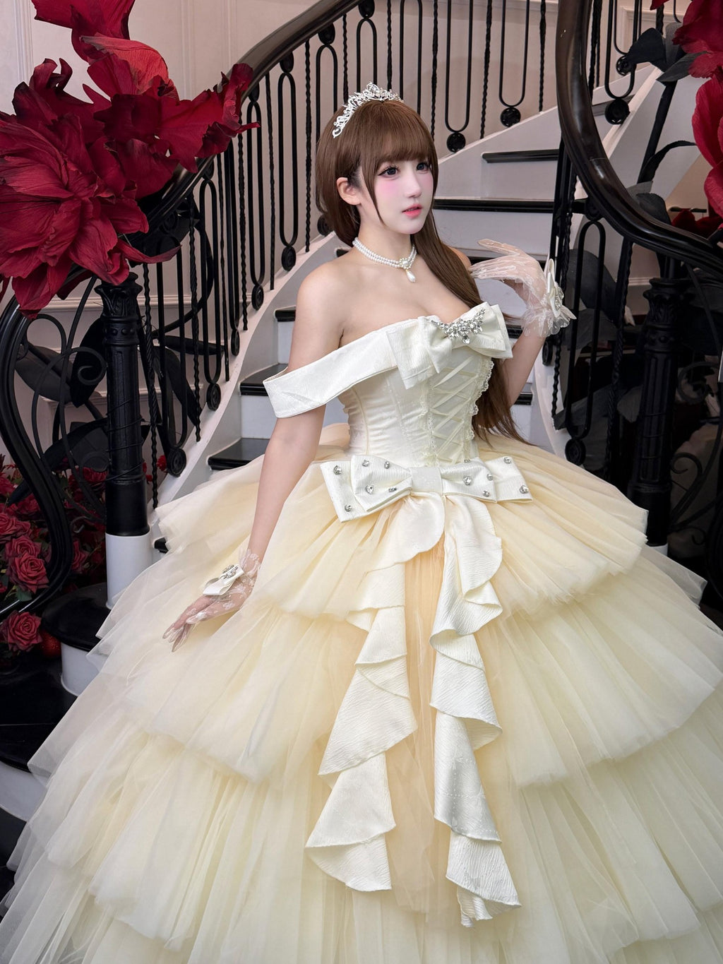Diamond Sweetheart Apricot Lace Bow Veil Train Long Women's Tulle Jsk / Jumper Skirts