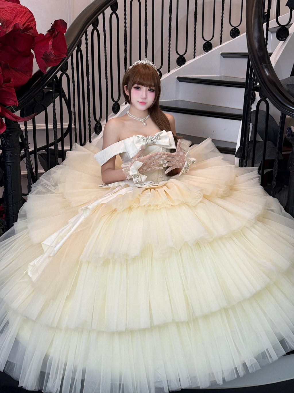Diamond Sweetheart Apricot Lace Bow Veil Train Long Women's Tulle Jsk / Jumper Skirts