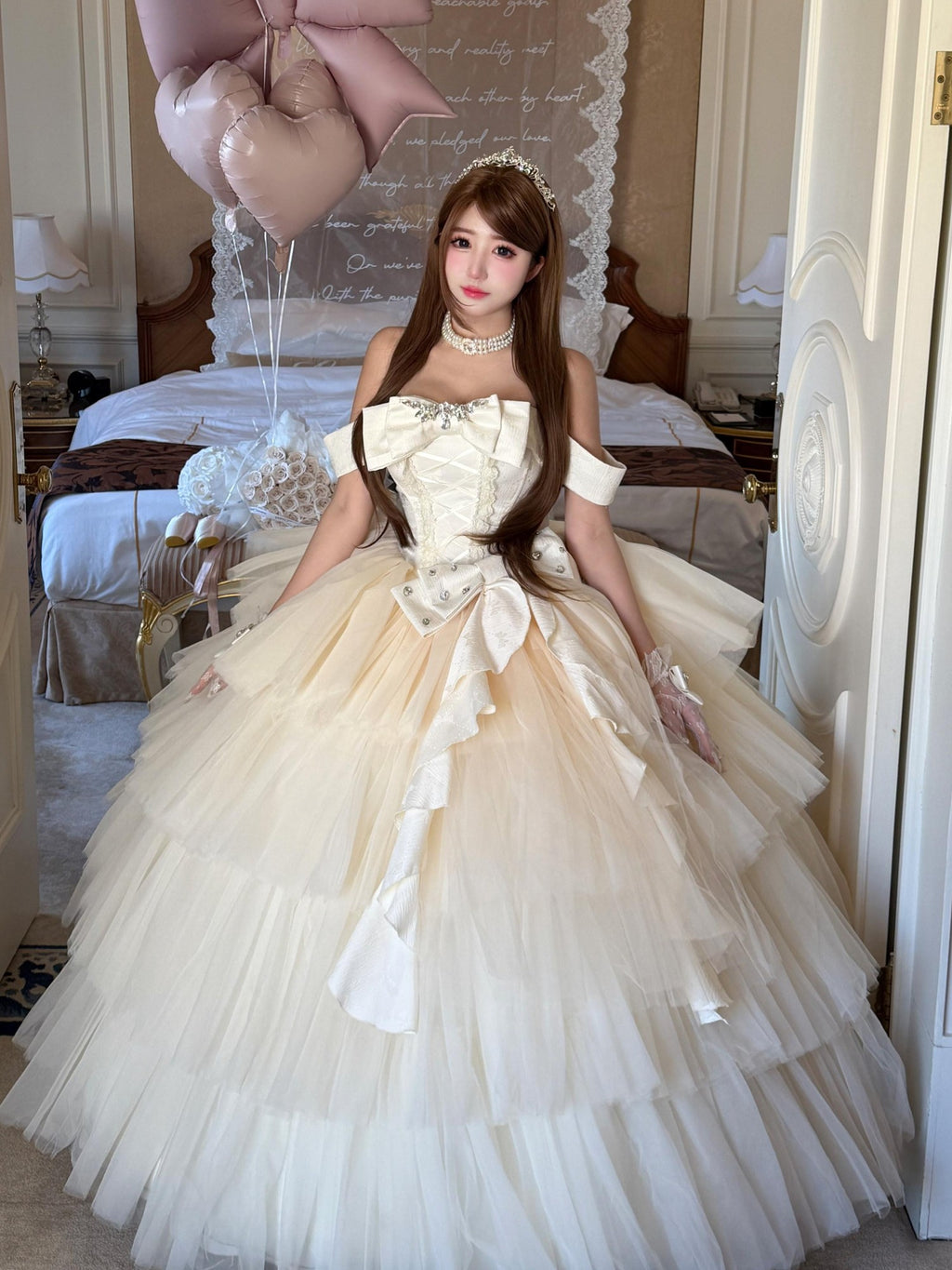 Diamond Sweetheart Apricot Lace Bow Veil Train Long Women's Tulle Jsk / Jumper Skirts