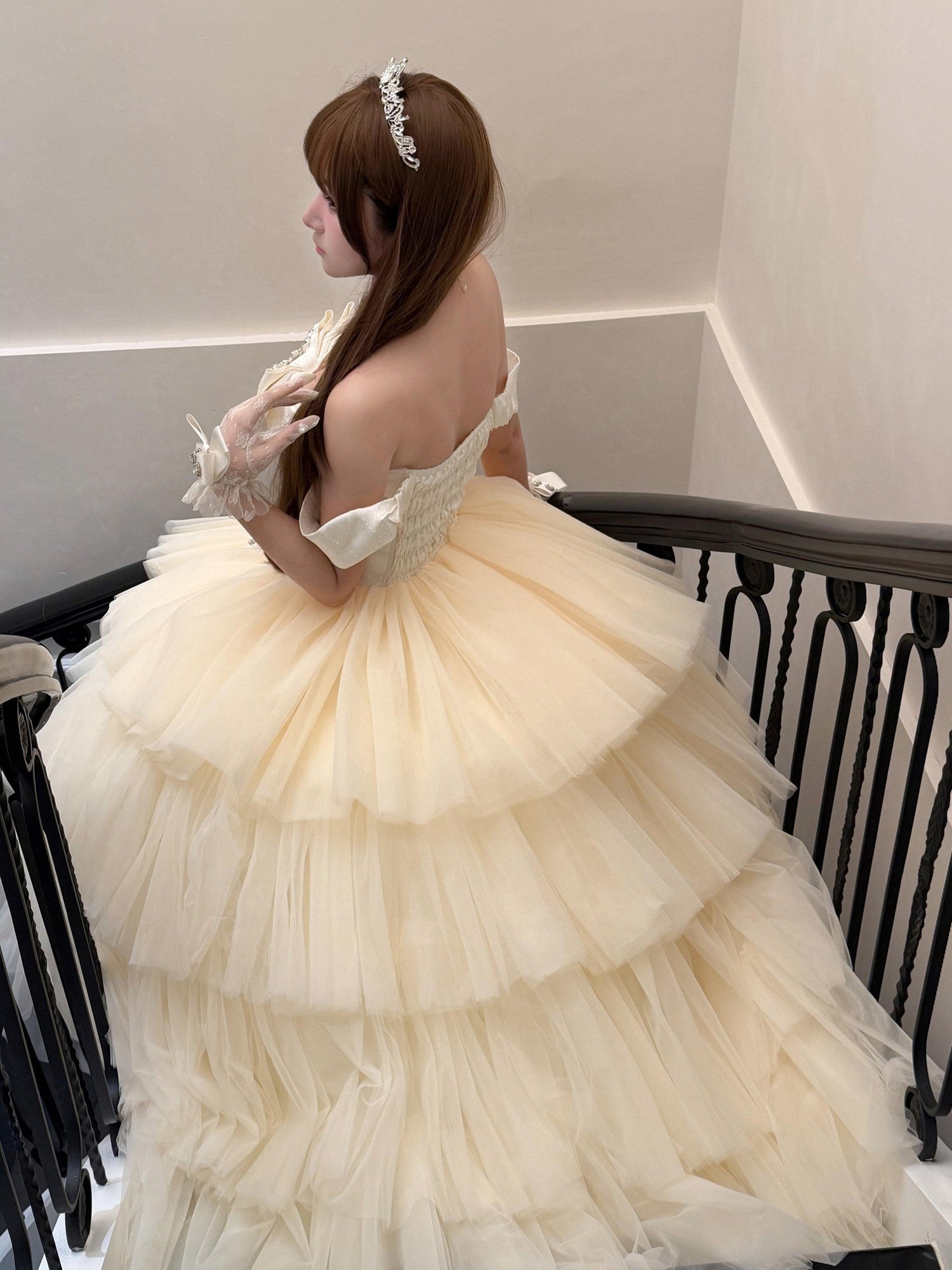 Diamond Sweetheart Apricot Lace Bow Veil Train Long Women's Tulle Jsk / Jumper Skirts