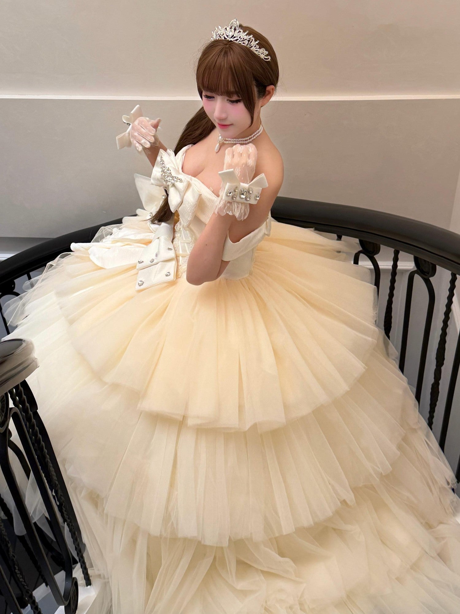 Diamond Sweetheart Apricot Lace Bow Veil Train Long Women's Tulle Jsk / Jumper Skirts