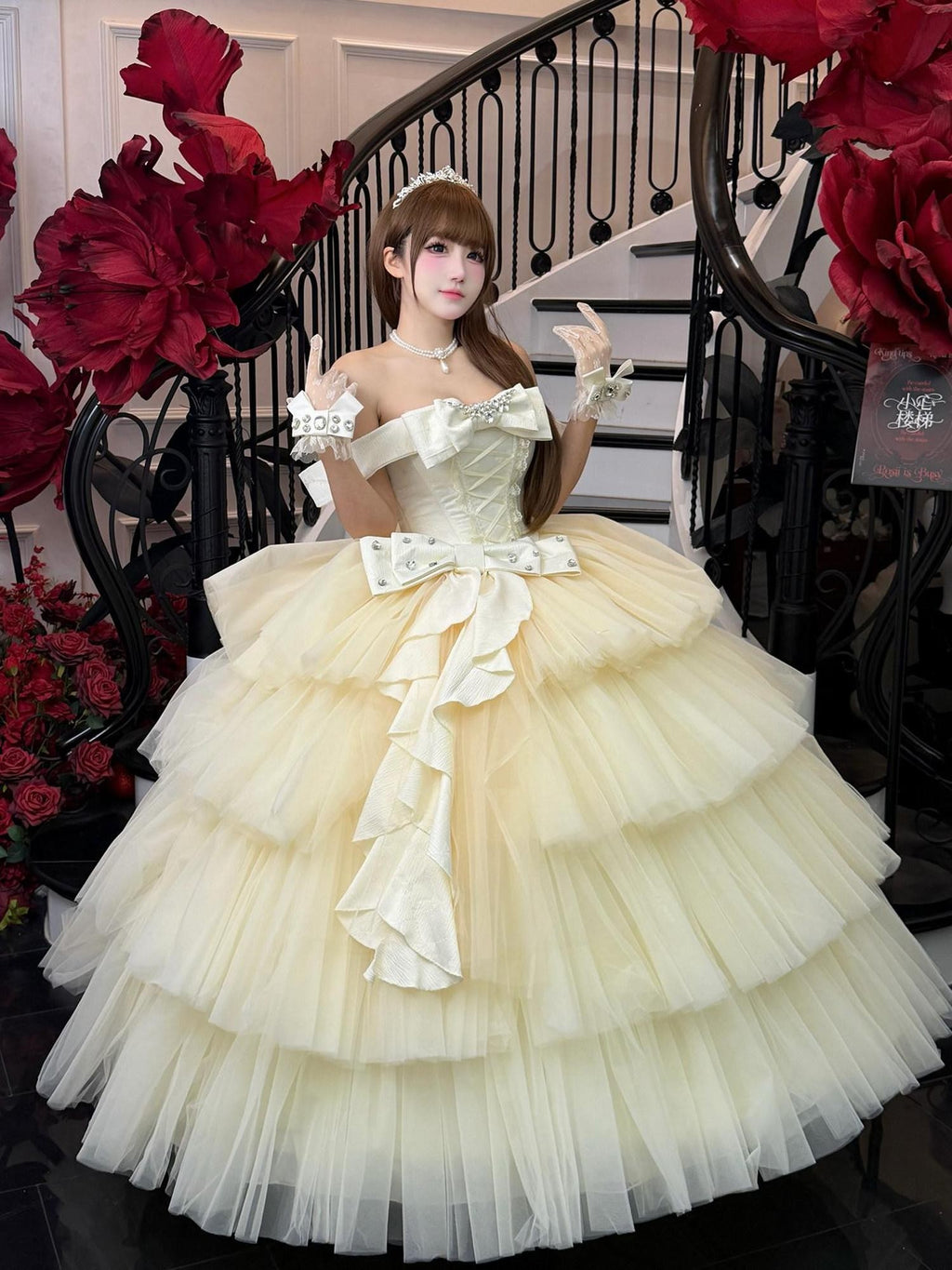 Diamond Sweetheart Apricot Lace Bow Veil Train Long Women's Tulle Jsk / Jumper Skirts